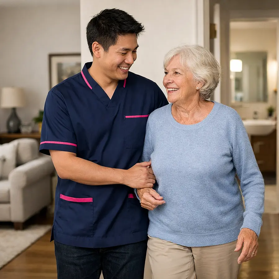 Asian male caregiver wearing a 00072b tunic with e51974 accents supporting an older white woman walking steadily from the living room towards the bathroom both relaxed and smiling in a tidy well lit home environment.