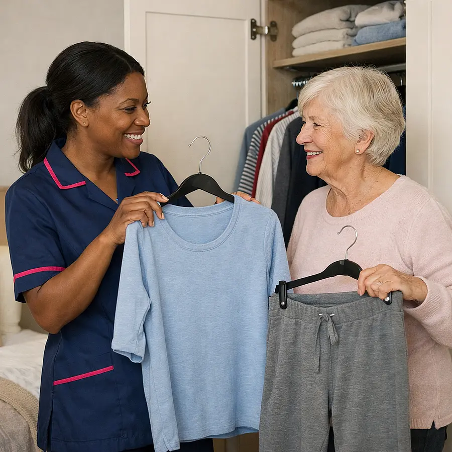 Black female caregiver in a 00072b tunic with e51974 edging helping an older white woman choose comfortable clothing from a wardrobe both smiling and chatting in a tidy bedroom.