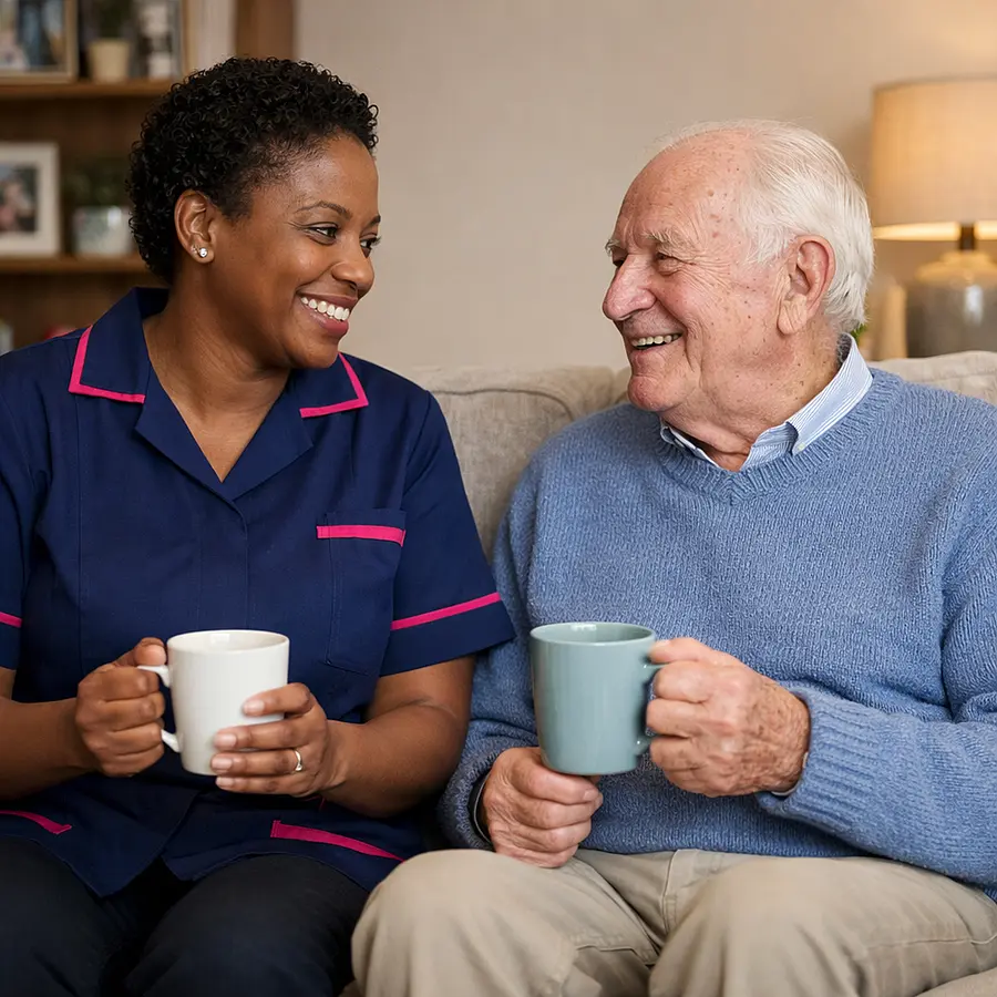 Black female caregiver in a 00072b tunic with e51974 trim sitting on a sofa with an older white man both chatting warmly with mugs of tea creating a relaxed and trusting atmosphere.