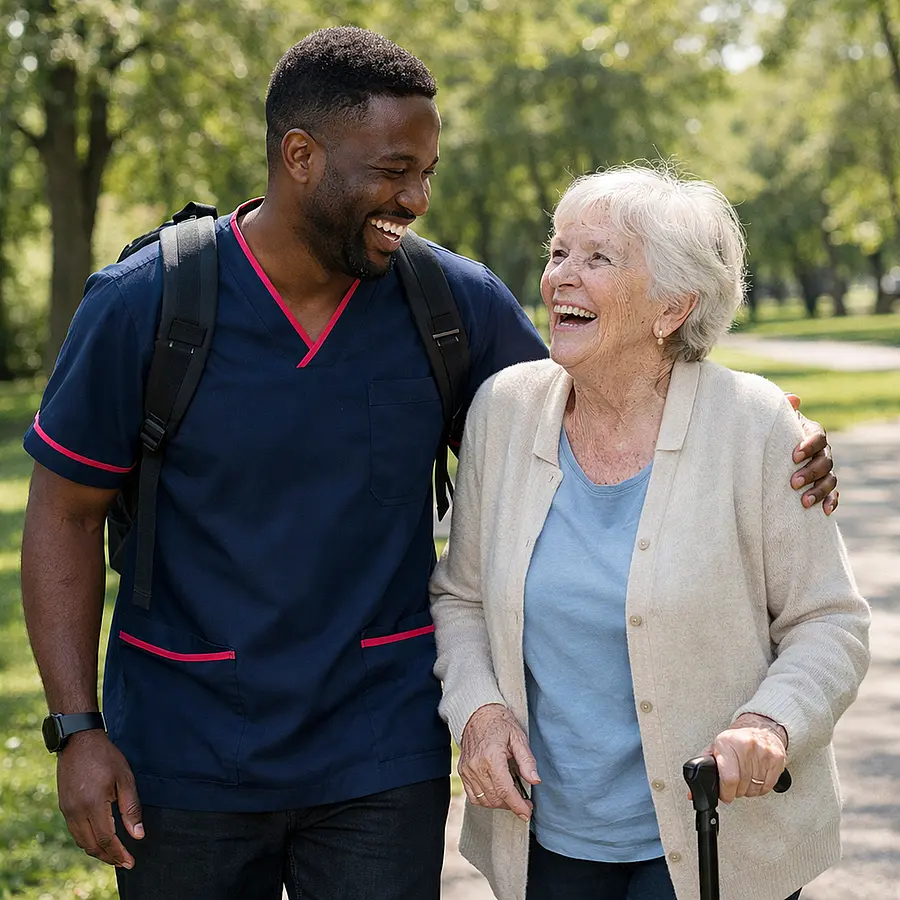 Black male caregiver in a 00072b tunic with e51974 details walking through a park with an older white woman using a walking stick both laughing together on a sunny day with a discreet backpack for supplies.