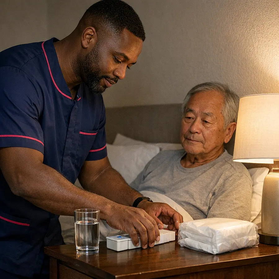 Black male caregiver in a 00072b tunic with e51974 piping quietly arranging night time essentials on a bedside table for an older Asian man including water medication box and continence pads lamp casting a gentle glow to show calm night preparation.