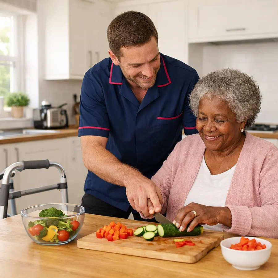 Bright kitchen image realistic showing a White male caregiver in a 00072b tunic with e51974 trim helping an elderly Black woman seated at the table chop vegetables safely with a walking frame nearby and plenty of clear space around them.