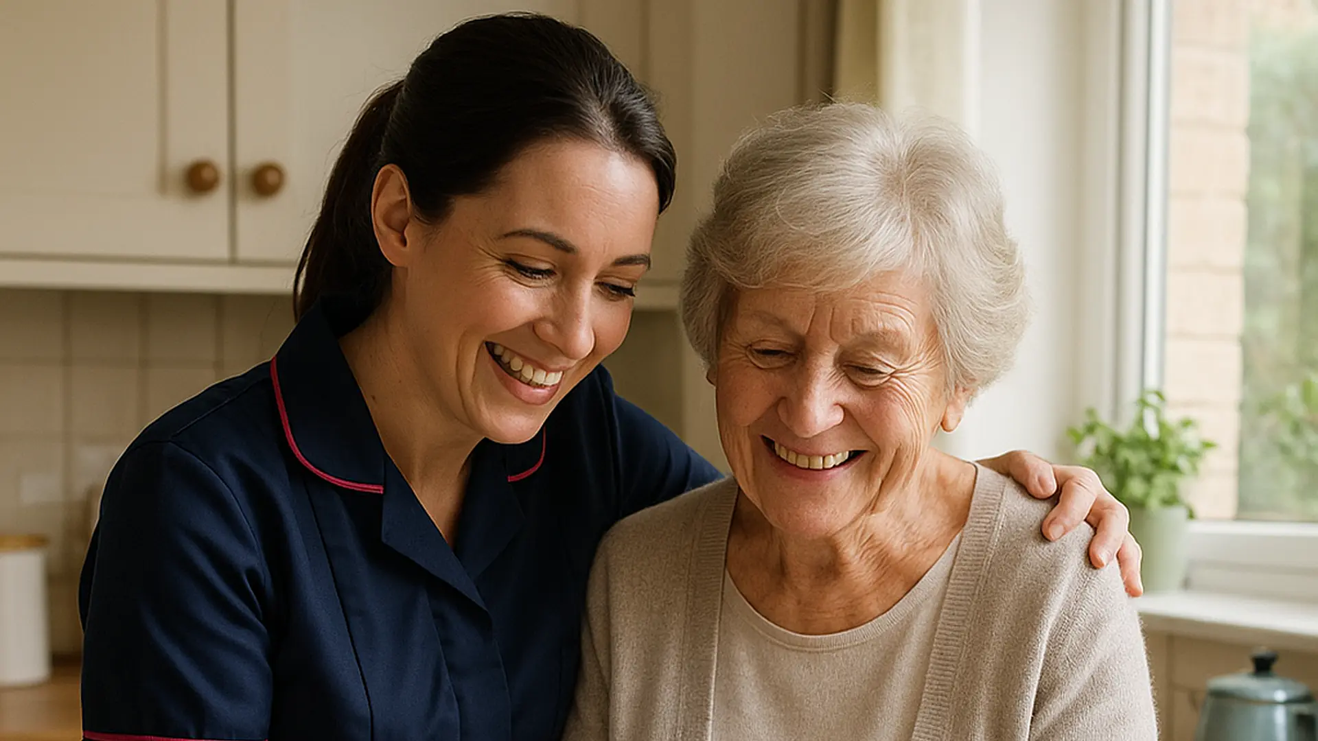 Bright kitchen scene with a caucasian female caregiver in a navy 00072b tunic with e51974 piping gently supporting an older woman with arthritis as she pours tea both smiling and relaxed daylight through the window homely surroundings atmosphere of reassurance comfort and friendly conversation.