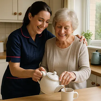 Bright kitchen scene with a caucasian female caregiver in a navy 00072b tunic with e51974 piping gently supporting an older woman with arthritis as she pours tea both smiling and relaxed daylight through the window homely surroundings atmosphere of reassurance comfort and friendly conversation.