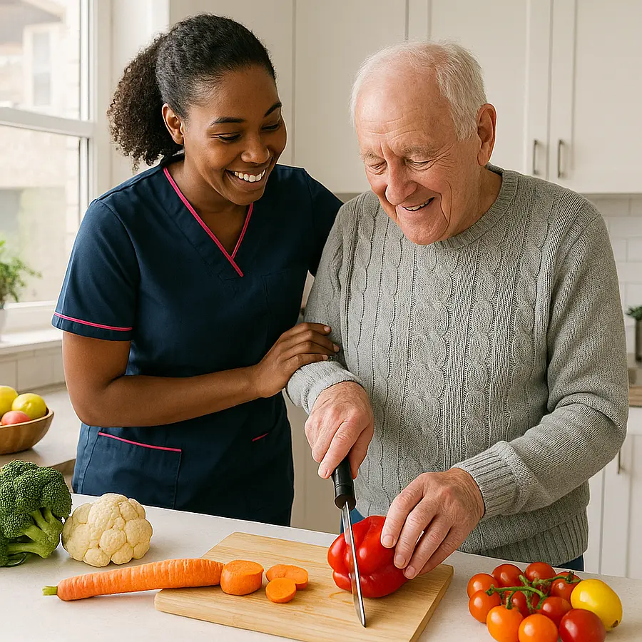 Bright kitchen with a black female caregiver in a 00072b tunic with e51974 accents standing beside an older man chopping vegetables with an easy grip knife caregiver guiding but allowing independence both smiling colourful ingredients on counter natural daylight creating a positive encouraging atmos