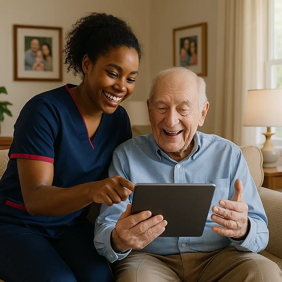 Bright living room where a black female caregiver in a 00072b tunic with e51974 accents helps an older man with arthritis use a tablet for a video call both smiling at the screen comfy seating framed family photos atmosphere of connection and gentle technological support.