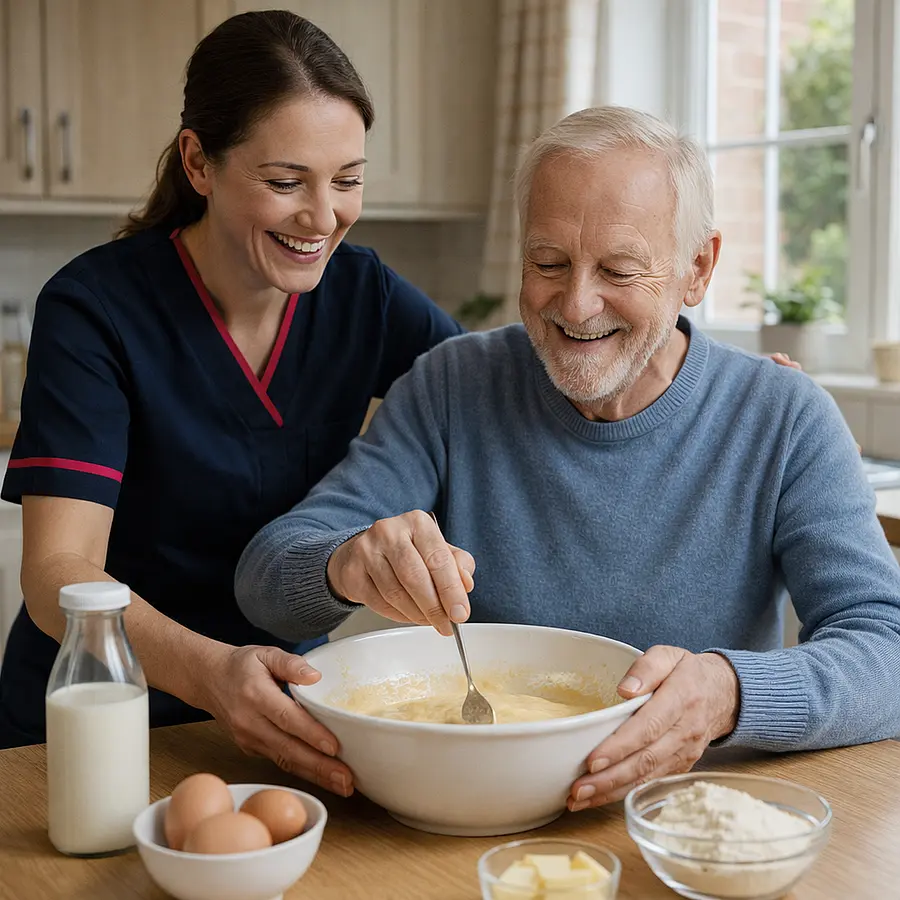 Caucasian caregiver in a 00072b tunic with e51974 trim assisting an older man at a kitchen table as he gently stirs cake batter in a bowl ingredients neatly laid out both smiling with a sense of achievement bright family kitchen setting.