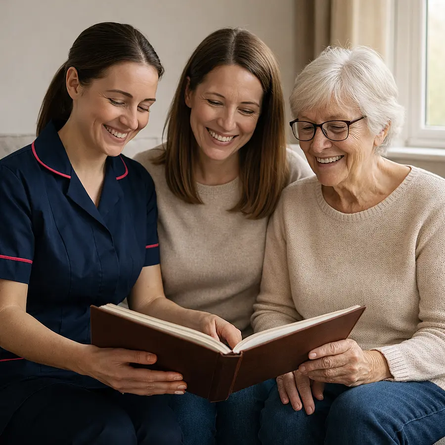 Caucasian caregiver in a 00072b tunic with e51974 accents sitting with an adult daughter and her older mother on a sofa caregiver demonstrating a memory book all three engaged and smiling warm daylight entering the room representing collaborative family support.