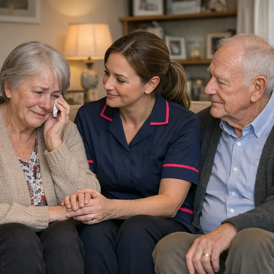 Caucasian female caregiver in 00072b tunic with e51974 trim sitting on a sofa between an older couple gently holding the hand of a tearful woman while her husband listens all in a cosy living room reflecting emotional support and understanding.