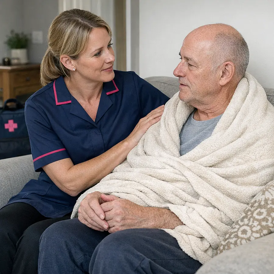 Caucasian female caregiver in 00072b tunic with e51974 edging supporting a tired white man with a blanket on a sofa a hospital bag by the door both calmly discussing his upcoming chemotherapy session showing coordinated home and hospital care.