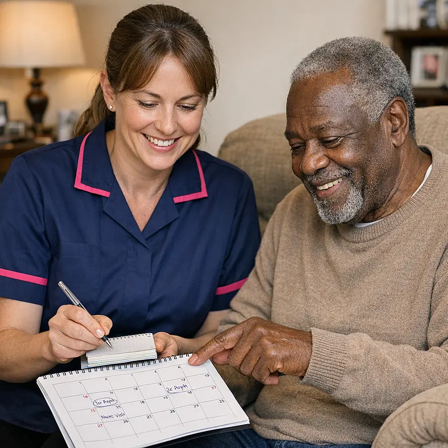 Caucasian female caregiver in a 00072b tunic with e51974 trim using a calendar and notepad with an older Black man in his lounge planning upcoming hospital appointments and home support both smiling gently suggesting organised person centred care.