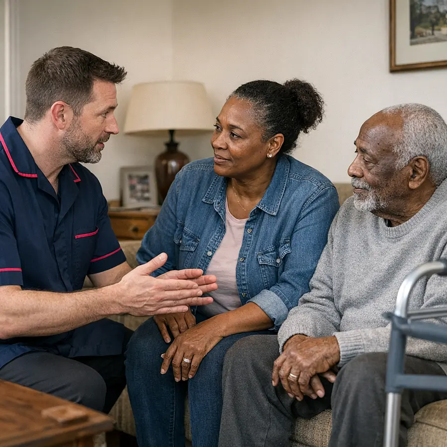 Caucasian male caregiver in 00072b tunic with e51974 piping demonstrating safe transfer techniques to a middle aged Black woman who is caring for her older father all in a modest living room reinforcing partnership with family carers.