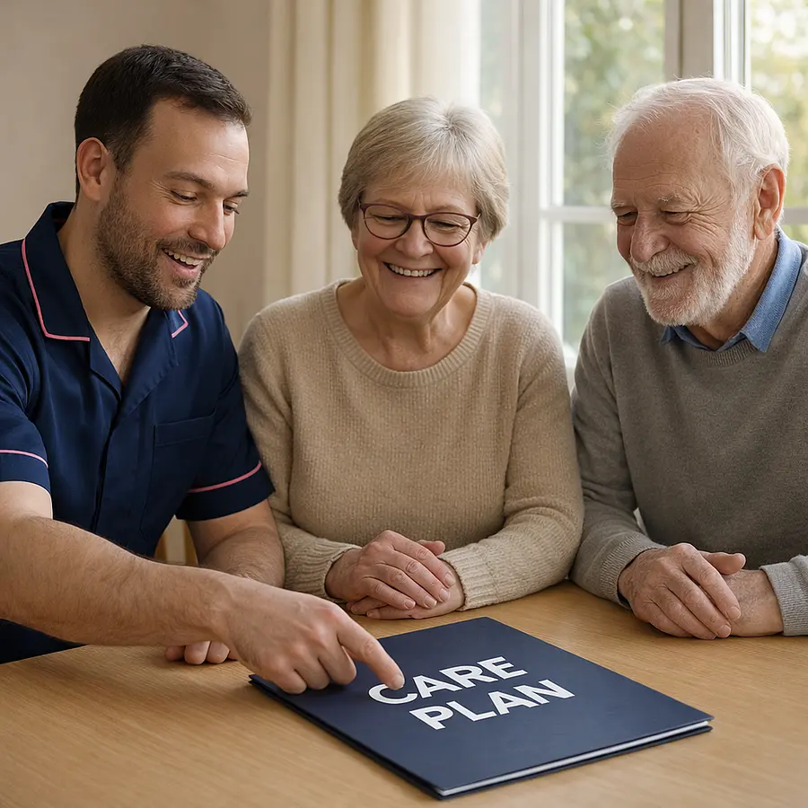 Caucasian male caregiver in a 00072b tunic with a e51974 piping sitting at a dining table with an older couple pointing kindly to a care plan folder all three smiling sunlight through the window showing collaborative planning and reassurance about changing care needs.