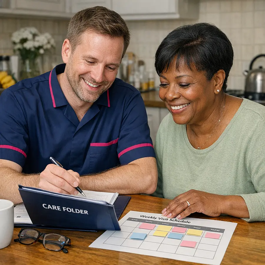 Caucasian male caregiver in a 00072b tunic with e51974 trim updating a care folder at a kitchen table with a middle aged Black woman both smiling as they adjust her weekly visit schedule symbolising flexible evolving support.