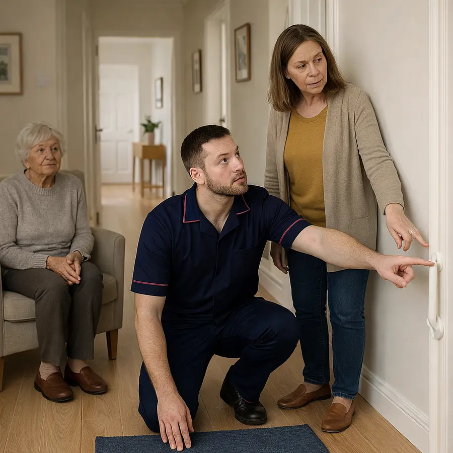 Caucasian male caregiver in a 00072b tunic with e51974 trim checking a hallway for safety straightening a rug and pointing out a grab rail to a family carer older woman watching from a nearby chair bright tidy home interior conveying proactive safety planning.