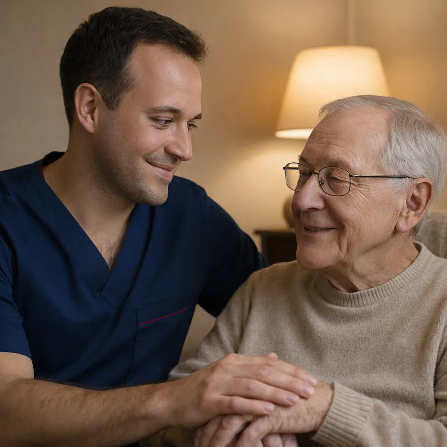 Close realistic shot of a caucasian male caregiver in a 00072b tunic with e51974 trim sitting beside an older man in an armchair caregivers hand gently resting on the mans forearm both making eye contact and smiling softly warm lamp light creating a soothing mood.