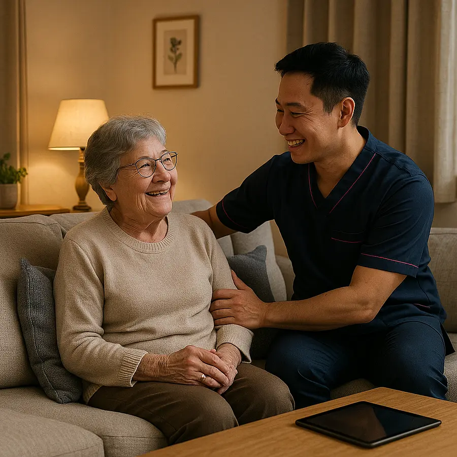 Cosy lounge with a asian male caregiver in a 00072b tunic with e51974 detailing placing supportive cushions behind an older lady with arthritis seated on a sofa tablet on coffee table both smiling as they talk about her day homely dcor and warm lamp lighting suggesting comfort and continuity.