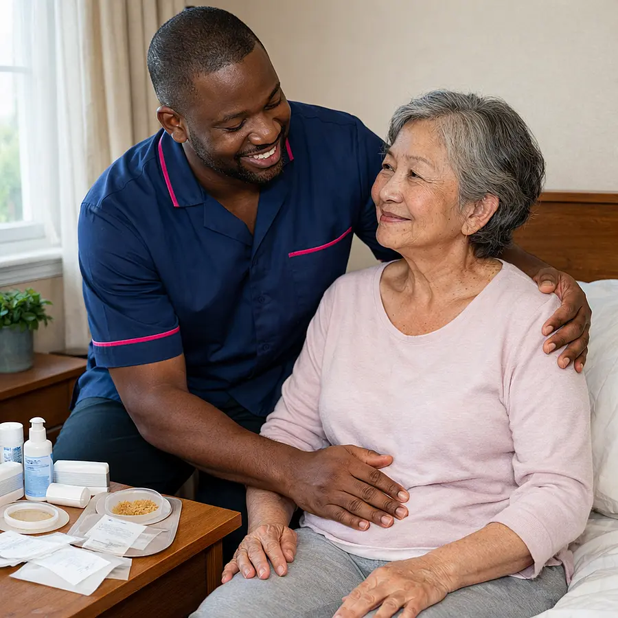 Detailed photo of a Black male caregiver in a 00072b tunic with e51974 accents helping an older Asian woman sit comfortably on her bed open stoma supplies neatly arranged on the bedside cabinet both smiling gently daylight coming through the window calm and reassuring scene.