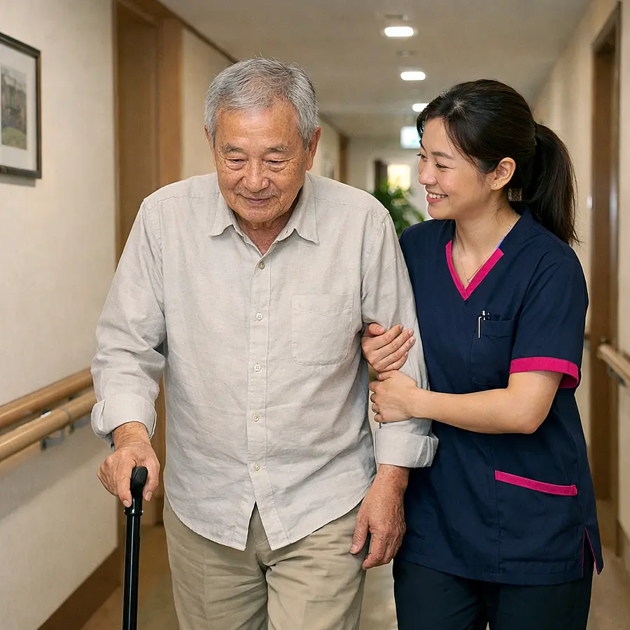 Detailed realistic hallway view with grab rails where an older Asian man uses a walking stick accompanied closely by an Asian female caregiver in a 00072b tunic with e51974 detailing giving steady arm support as they walk slowly both appearing focused yet positive.