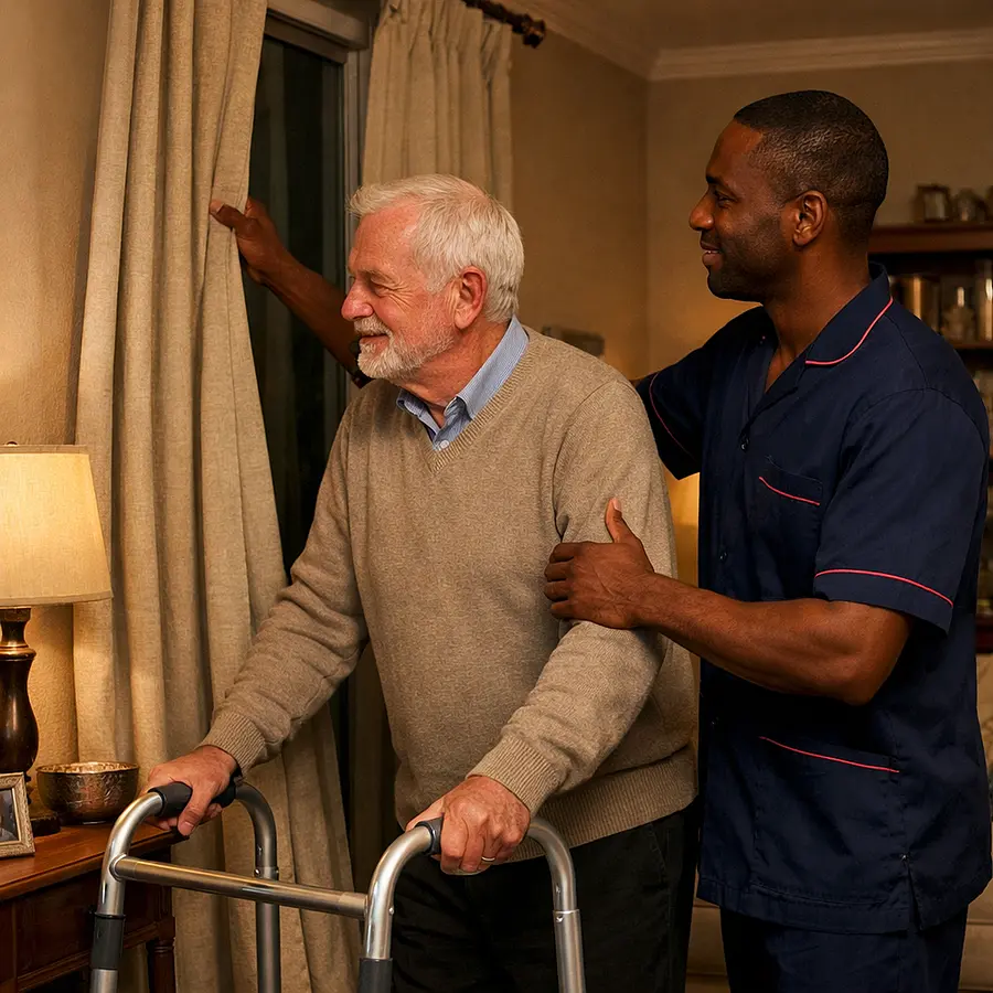 Evening living room image realistic with an older White man using a walking frame being assisted by a Black male caregiver in a 00072b tunic with e51974 piping closing curtains and checking the room is safe both calm and content under warm lamplight.