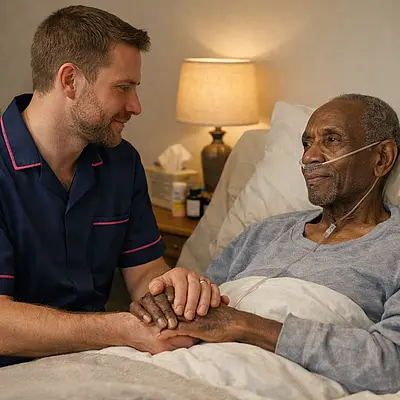 Gentle realistic scene of a white male caregiver in a 00072b tunic with e51974 piping sitting at the bedside of a frail black man with oxygen tubing holding his hand in a softly lit bedroom emphasising advanced lung cancer support.