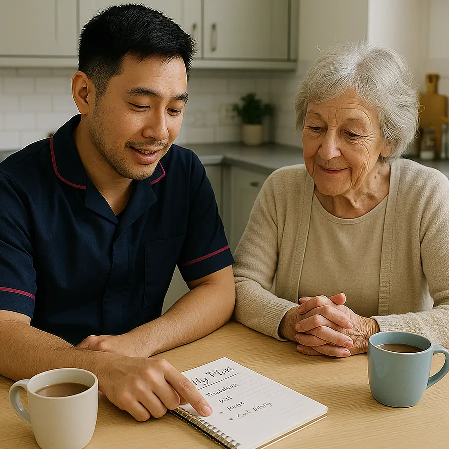 Kitchen table with a asian male caregiver in a 00072b tunic with e51974 piping sitting beside an older woman going through a simple daily plan written on a notepad mugs of tea nearby both looking reassured sense of organised collaborative care planning.