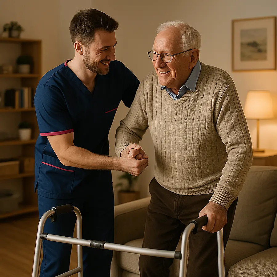 Living room setting with a caucasian male caregiver in a 00072b tunic with e51974 accents helping an older man with arthritis stand up from an armchair careful hand support both smiling walking frame nearby warm lighting tidy homely dcor feeling of safety and calm assistance.