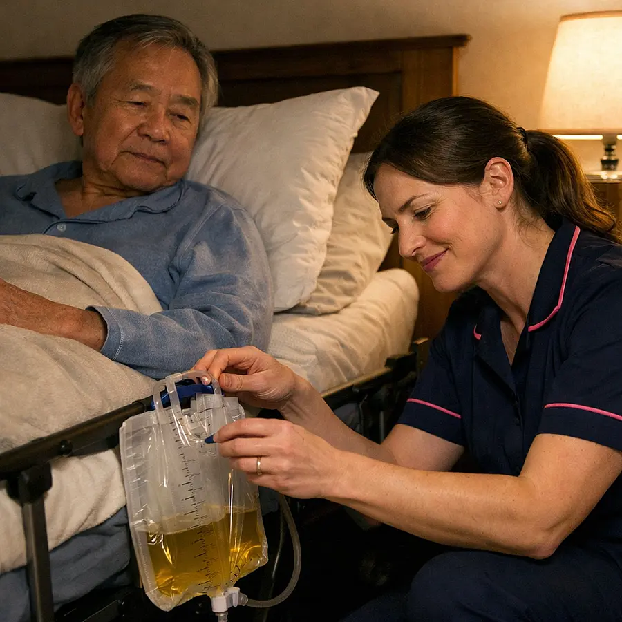 Night time realistic scene of a white female caregiver in a 00072b tunic with e51974 piping adjusting a bedside urine drainage bag for an older Asian man in bed soft lamp light calm and reassuring expressions.