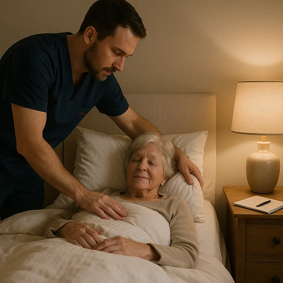 Peaceful bedroom with a caucasian male caregiver in a 00072b tunic with e51974 trim adjusting pillows and blankets around an older woman resting comfortably bedside lamp on notebook and pen nearby mood of calm thoughtful pacing of rest and activity.