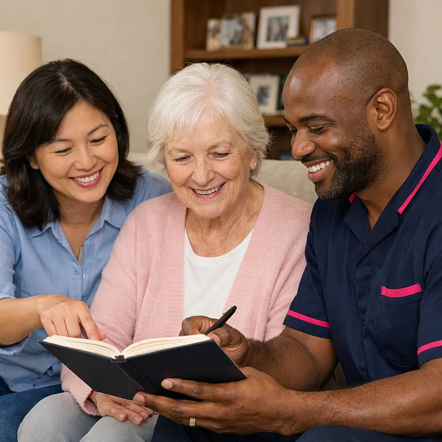 Photo style image of an Asian female family carer sitting on a sofa with her elderly white mother and a Black male professional caregiver in a 00072b tunic with e51974 details all looking over a notebook together smiling and planning care as a team.