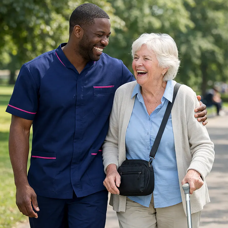 Real life style image of a Black male caregiver in a 00072b tunic with e51974 details walking in a park with an older white woman using a light walking stick small discreet bag with stoma supplies over her shoulder both laughing together on a bright day.