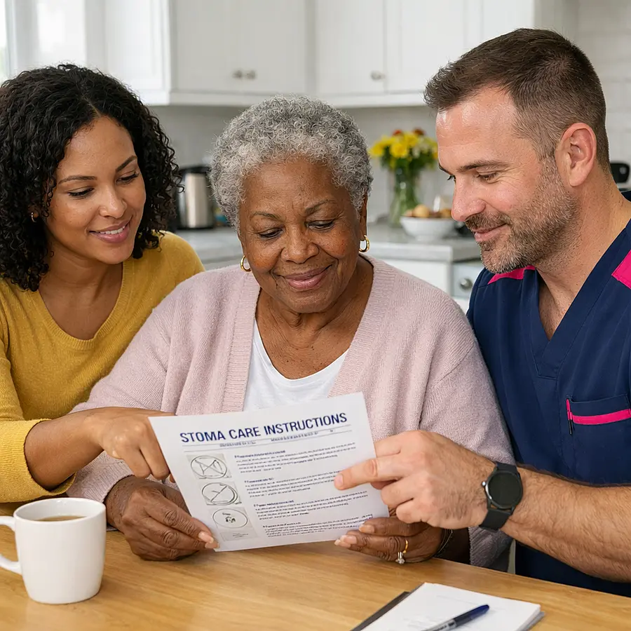 Real life style image of an older Black woman sitting at a kitchen table with her adult daughter and a male caregiver in a 00072b tunic with e51974 accents all looking at printed stoma care instructions together supportive expressions bright kitchen.