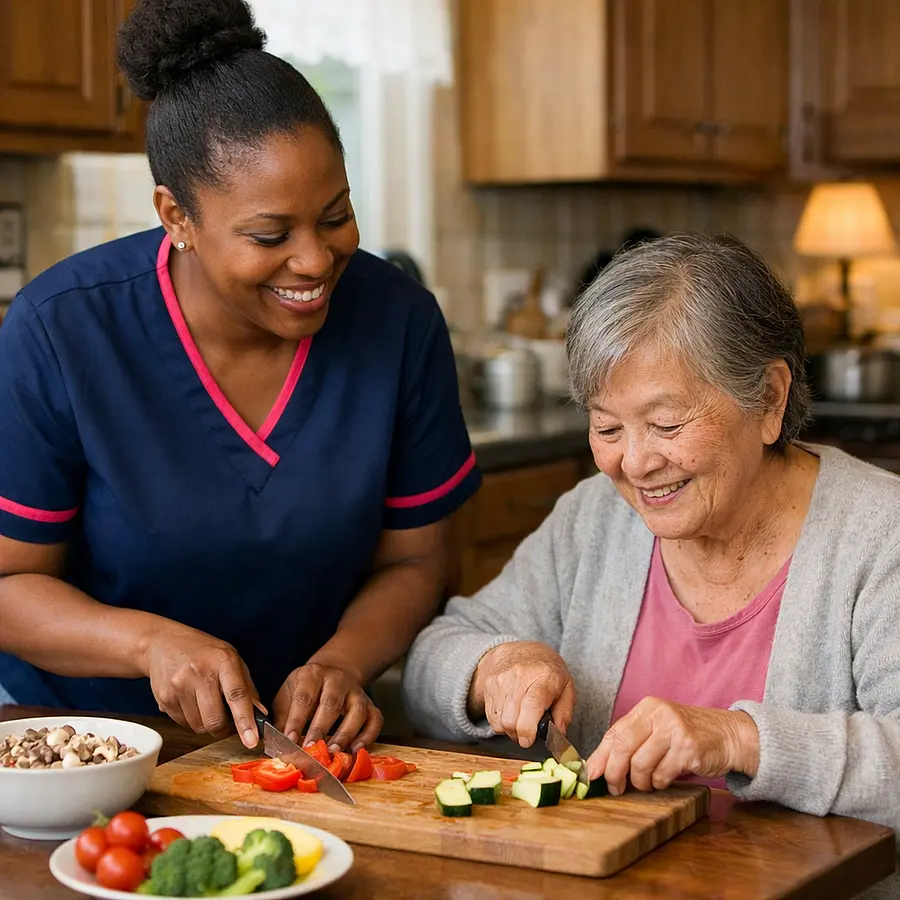 Real life style photo of a Black female caregiver in a 00072b tunic with e51974 trim cooking in a homely kitchen alongside an elderly Asian woman seated at the table chopping soft vegetables together creating a warm collaborative atmosphere.