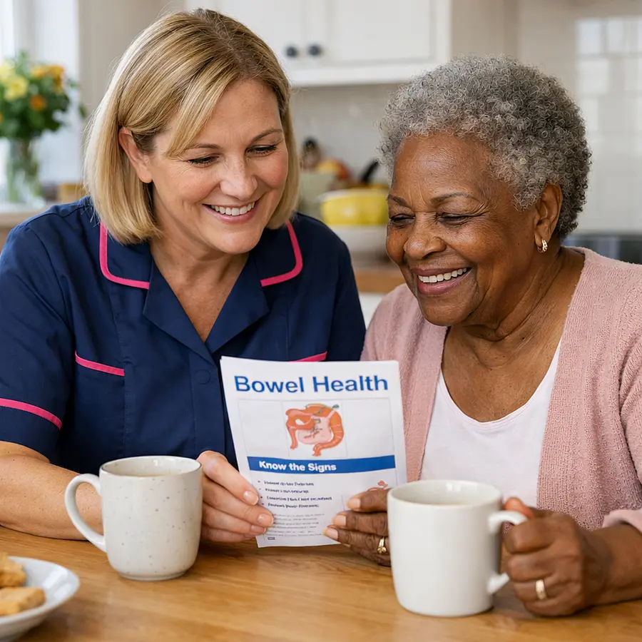 Real life style photo of a middle aged white female caregiver in a 00072b tunic with e51974 accents at a kitchen table chatting with an older Black woman while looking at a simple bowel health leaflet both smiling with cups of tea bright kitchen homely feel.