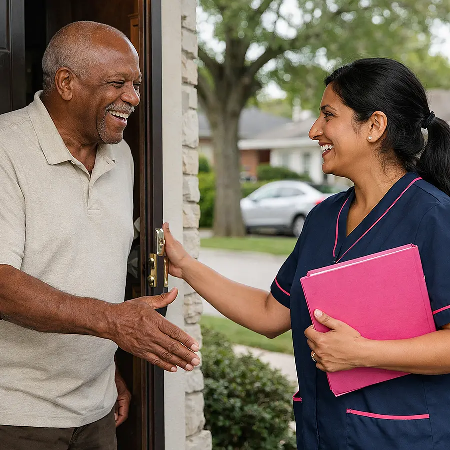 Real life style photo of an elderly Black gentleman standing by his front door smiling as a South Asian female caregiver in a 00072b tunic with e51974 piping arrives with a folder both greeting each other warmly in a familiar suburban street setting.