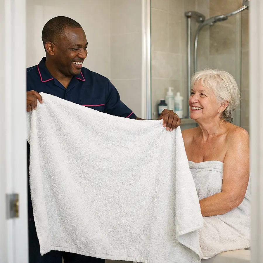 Realistic bathroom doorway view where a black male caregiver in a 00072b tunic with e51974 piping holds up a large towel as a privacy screen for an older white woman both smiling and relaxed environment bright and respectful.
