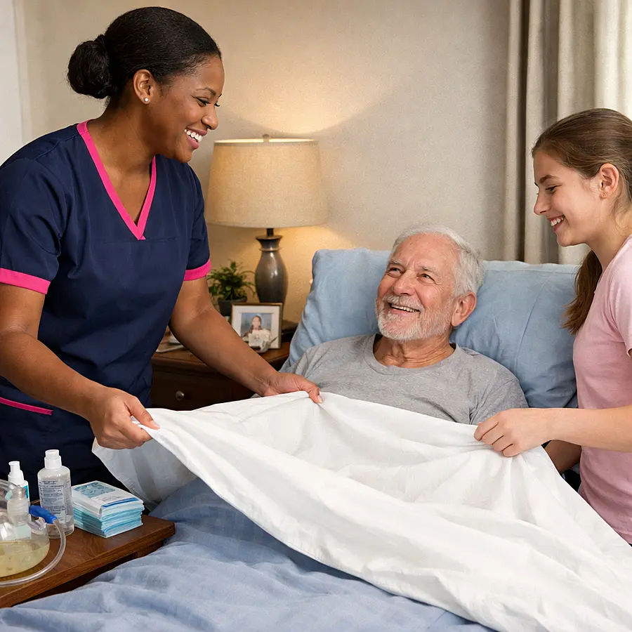 Realistic bedroom scene of a black female caregiver in a 00072b tunic with e51974 trim helping a teenage girl change bed linen for her elderly grandfather all smiling the environment tidy with catheter supplies neatly organised on a bedside table.