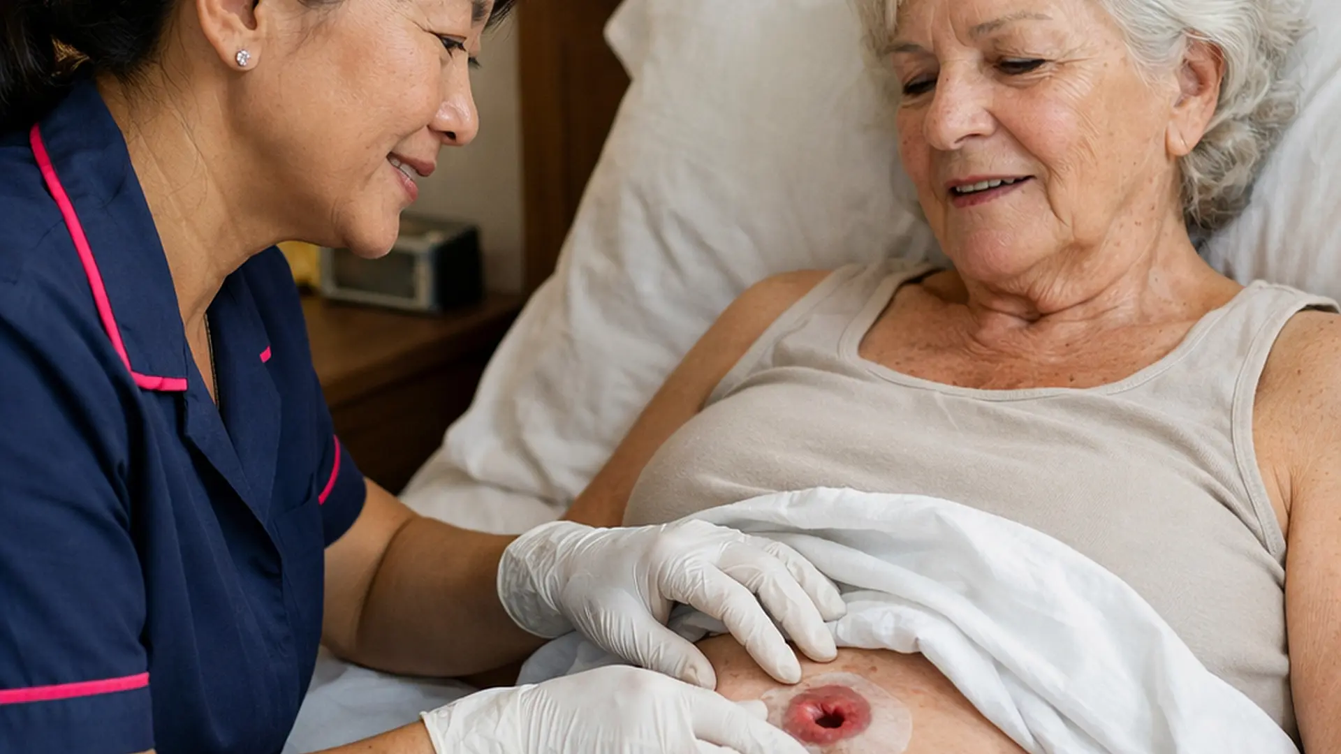 Realistic close scene of a middle aged Asian female caregiver in a 00072b tunic with e51974 piping gently examining the stoma area of an older white woman in a private bedroom using gloves and maintaining dignity with a sheet both talking calmly bright but discreet lighting.