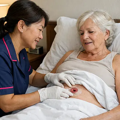 Realistic close scene of a middle aged Asian female caregiver in a 00072b tunic with e51974 piping gently examining the stoma area of an older white woman in a private bedroom using gloves and maintaining dignity with a sheet both talking calmly bright but discreet lighting.