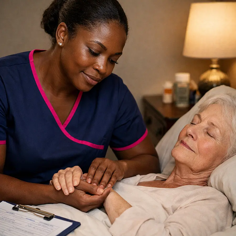 Realistic close up of a Black female caregiver in a 00072b tunic with e51974 trim gently checking the pulse of an elderly white woman lying peacefully in bed caregivers expression calm and reassuring soft bedside lamp lighting medical notes on a clipboard nearby.