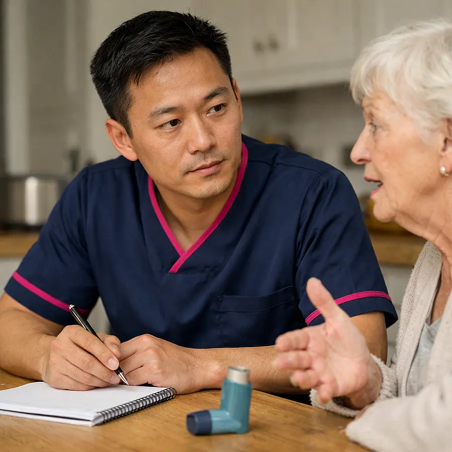 Realistic close up of an Asian male caregiver in a 00072b tunic with e51974 trim listening carefully to a white older woman describing symptoms sitting together at a kitchen table with a notepad and inhaler nearby.