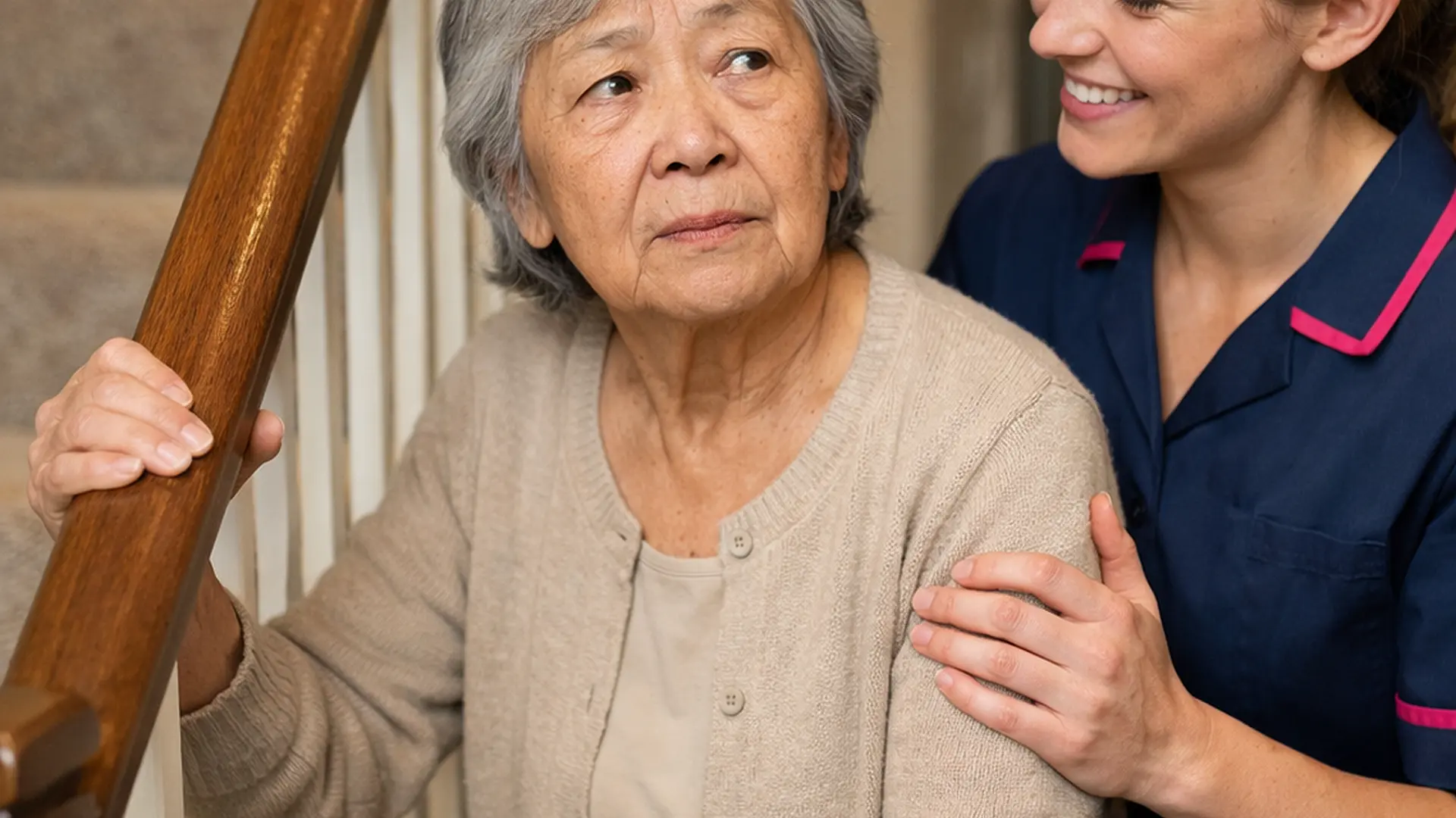 Realistic close up of an elderly Asian woman hesitating at the bottom of a staircase holding the banister while a young White female caregiver in a 00072b tunic with e51974 accents stands beside her offering a reassuring hand and smile.