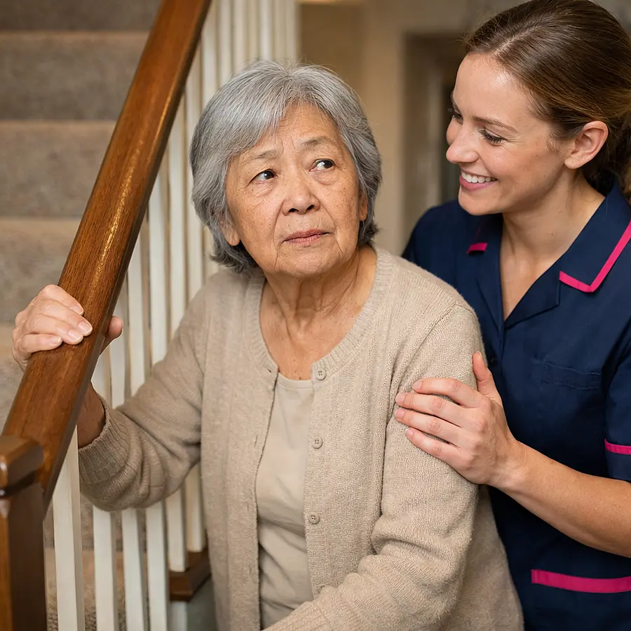 Realistic close up of an elderly Asian woman hesitating at the bottom of a staircase holding the banister while a young White female caregiver in a 00072b tunic with e51974 accents stands beside her offering a reassuring hand and smile.