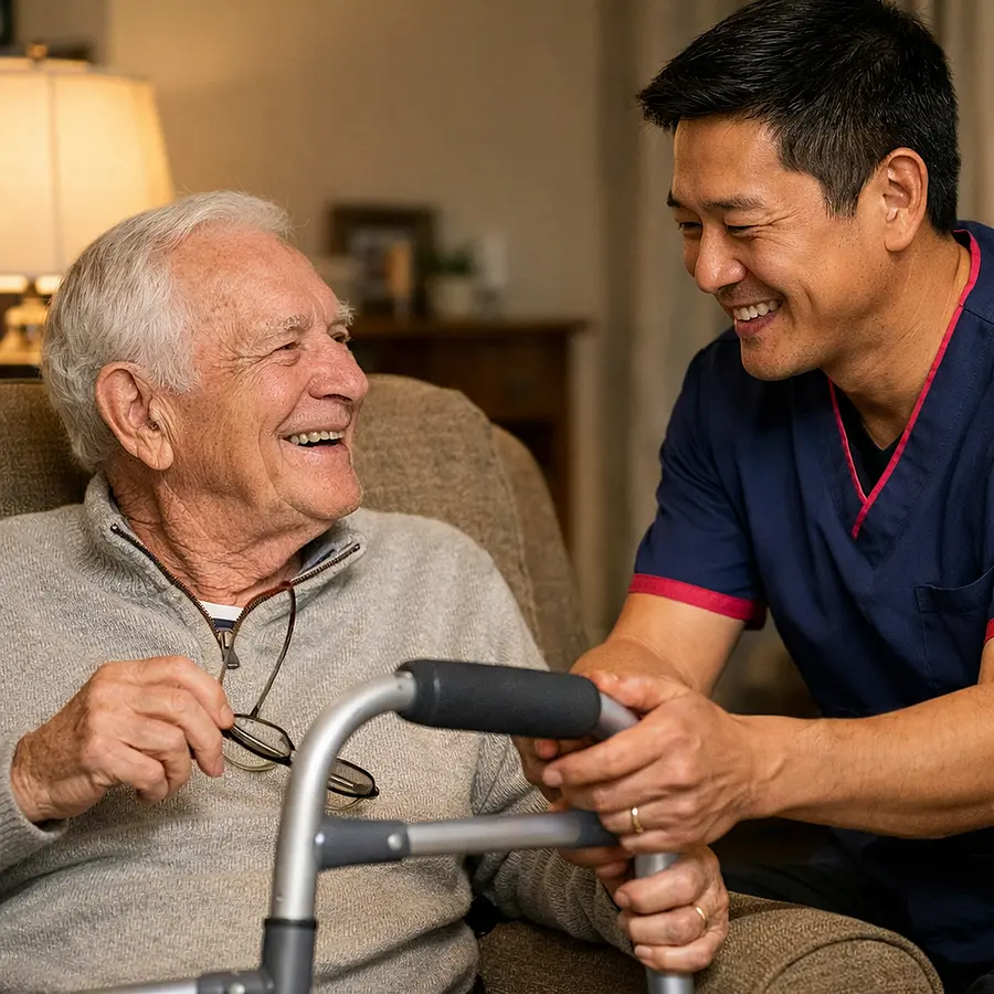 Realistic close up of an elderly white man sitting in an armchair reading glasses in hand while an Asian male caregiver in a 00072b tunic with e51974 trim gently passes him a walking aid both sharing a light hearted smile living room softly lit.