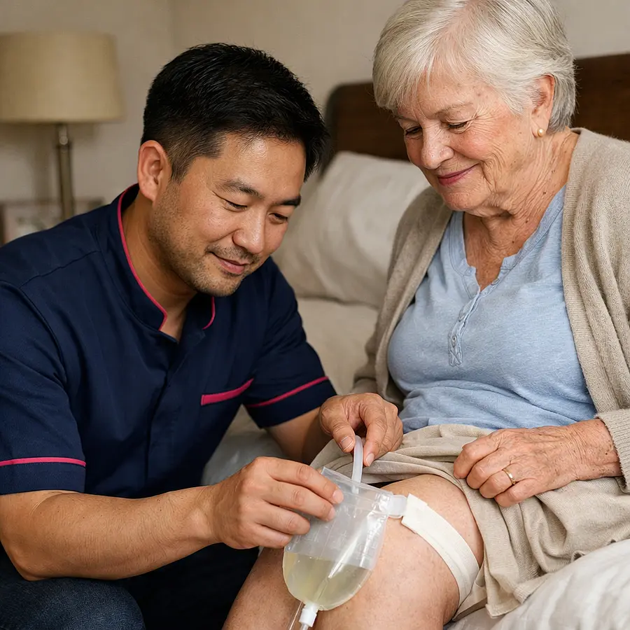 Realistic close up scene of an Asian male caregiver in a 00072b tunic with e51974 trim helping an older white female service user check her leg drainage bag discreetly in a bedroom both calm and reassured with soft natural lighting.