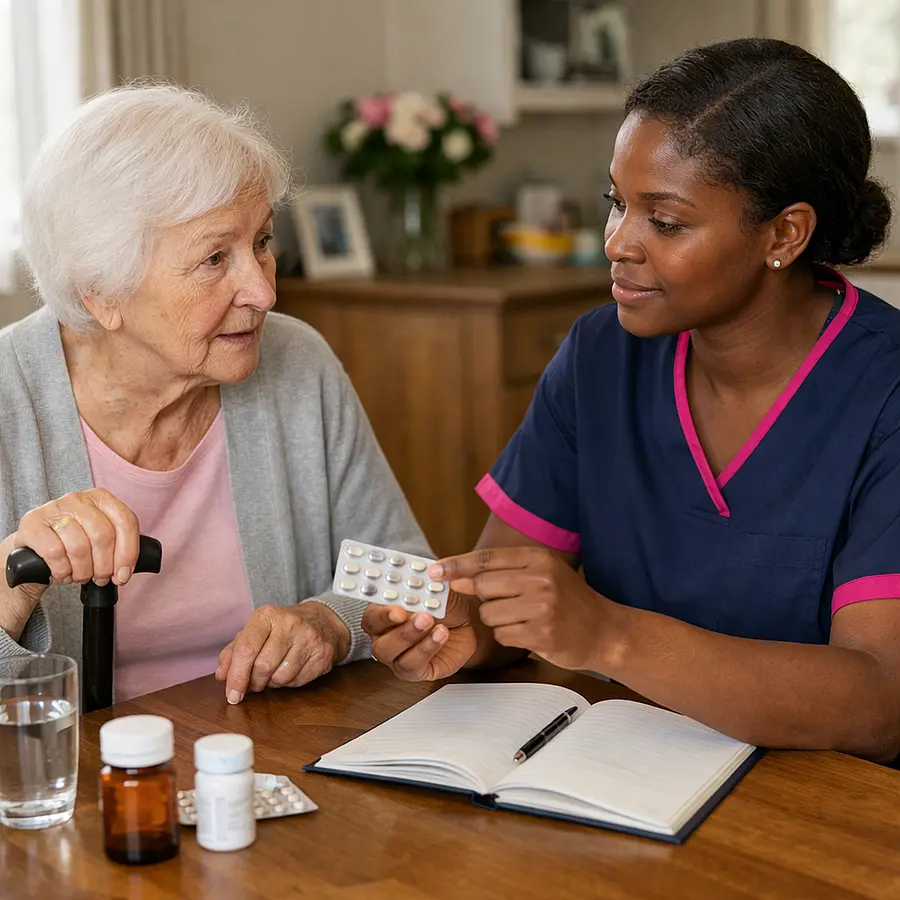 Realistic dining area image of a Black female caregiver in a 00072b tunic with e51974 trim reviewing medication and a notebook with an older White woman using a walking stick both seated at a table discussing health conditions in a calm bright home.
