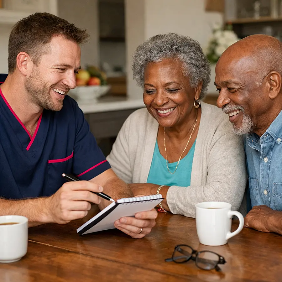 Realistic dining table scene where a white male caregiver in a 00072b tunic with e51974 trim reviews a written care plan with an elderly Black couple using a pen and notepad all three smiling and engaged in equal conversation.