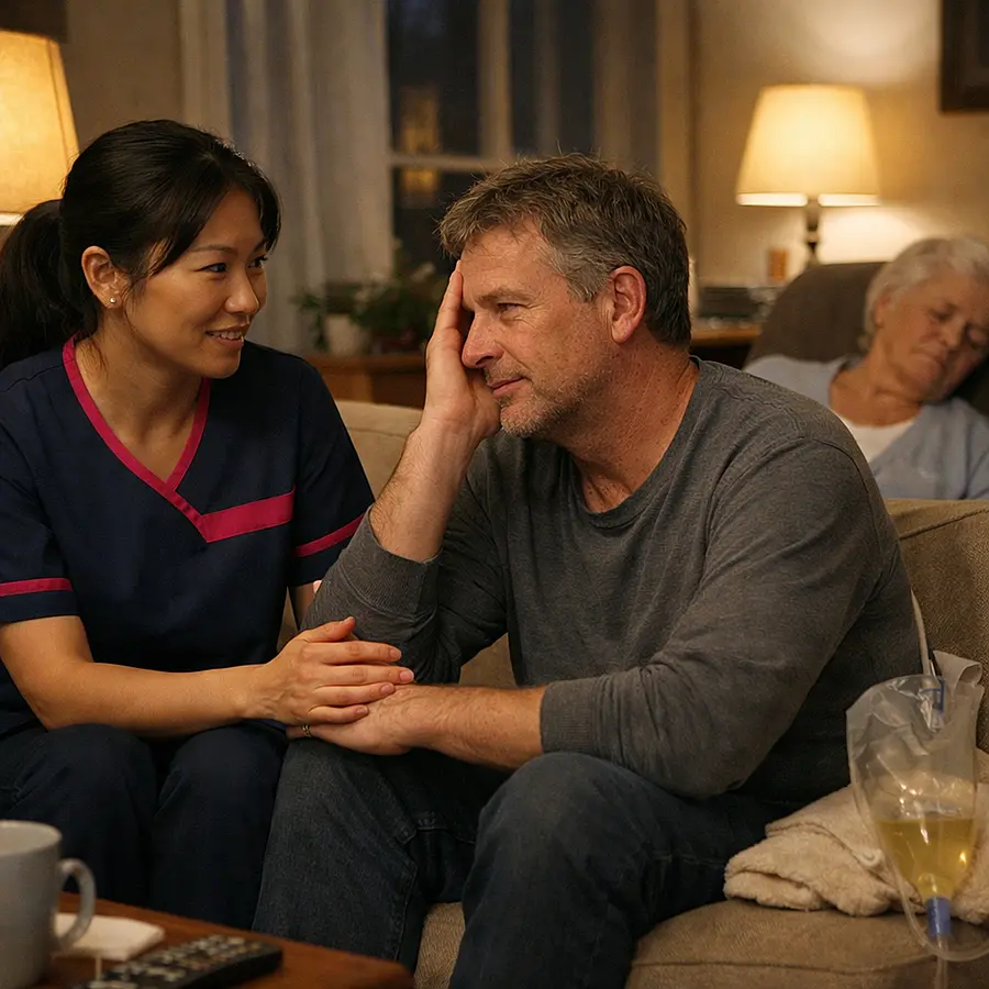 Realistic evening living room scene of an Asian female caregiver in a 00072b tunic with e51974 accents talking gently with a tired white middle aged man the older female catheter user resting nearby atmosphere calm and supportive.