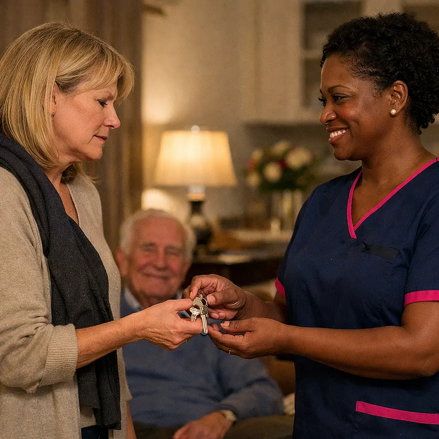 Realistic evening lounge scene where an exhausted middle aged woman hands over house keys to a reassuring Black female caregiver in a 00072b tunic with e51974 accents an elderly man smiling from his armchair symbolising shared caring responsibilities.