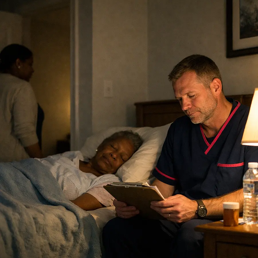 Realistic evening scene of a white male caregiver in a 00072b tunic with e51974 trim sitting by the bedside of a sleeping elderly Black woman reading notes by a small lamp while her middle aged daughter quietly leaves the room to rest illustrating respite and overnight support.